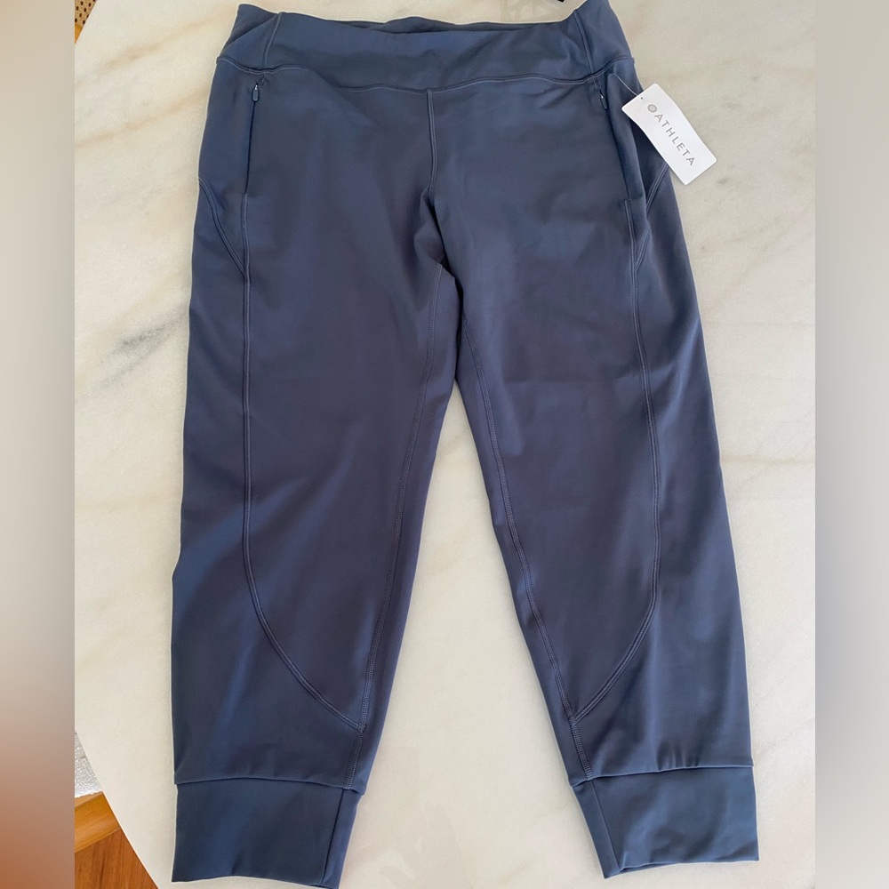 NWT Athleta RAINIER MID RISE JOGGER -blue compression fabric w/ brushed interior - Picture 2 of 13